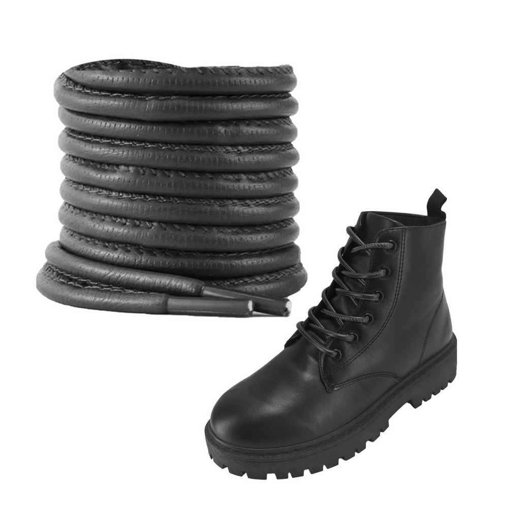 Lacesgian Black Round PU Leather Shoelaces 4mm Matte Finish for Boots 1 Pair